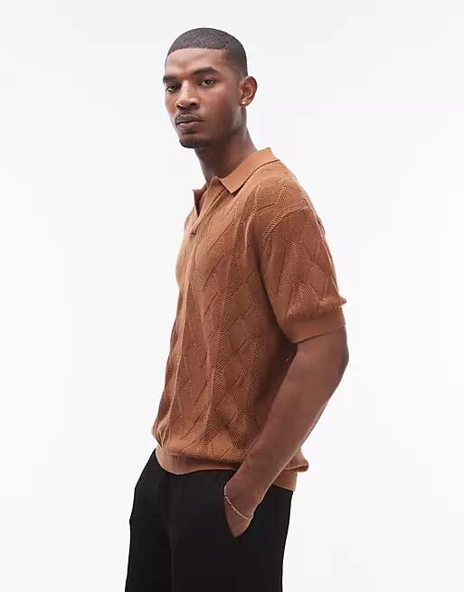 Topman knit diamond pattern pointelle polo shirt in brown Cover