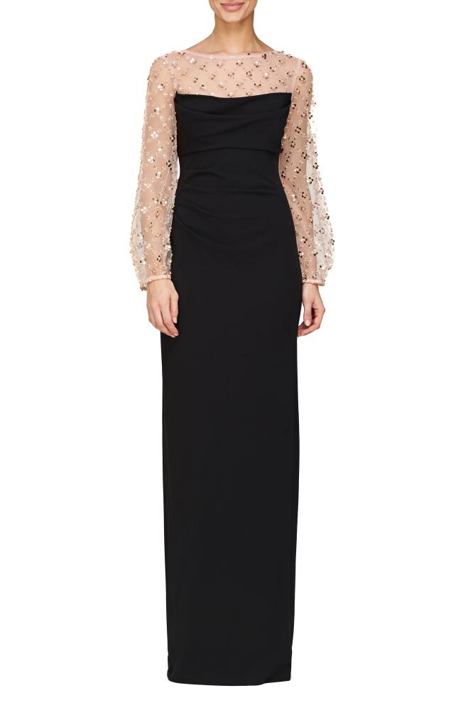 JS Collections Risha Metallic Floral Appliqué Detail Long Sleeve Crepe Column Gown in Black/Gold Cover