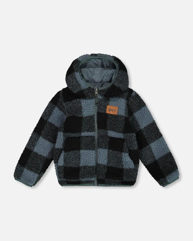 Deux par Deux Boy's Reversible Soft Fleece Jacket Blue And Black Plaid in Onion Blue Cover