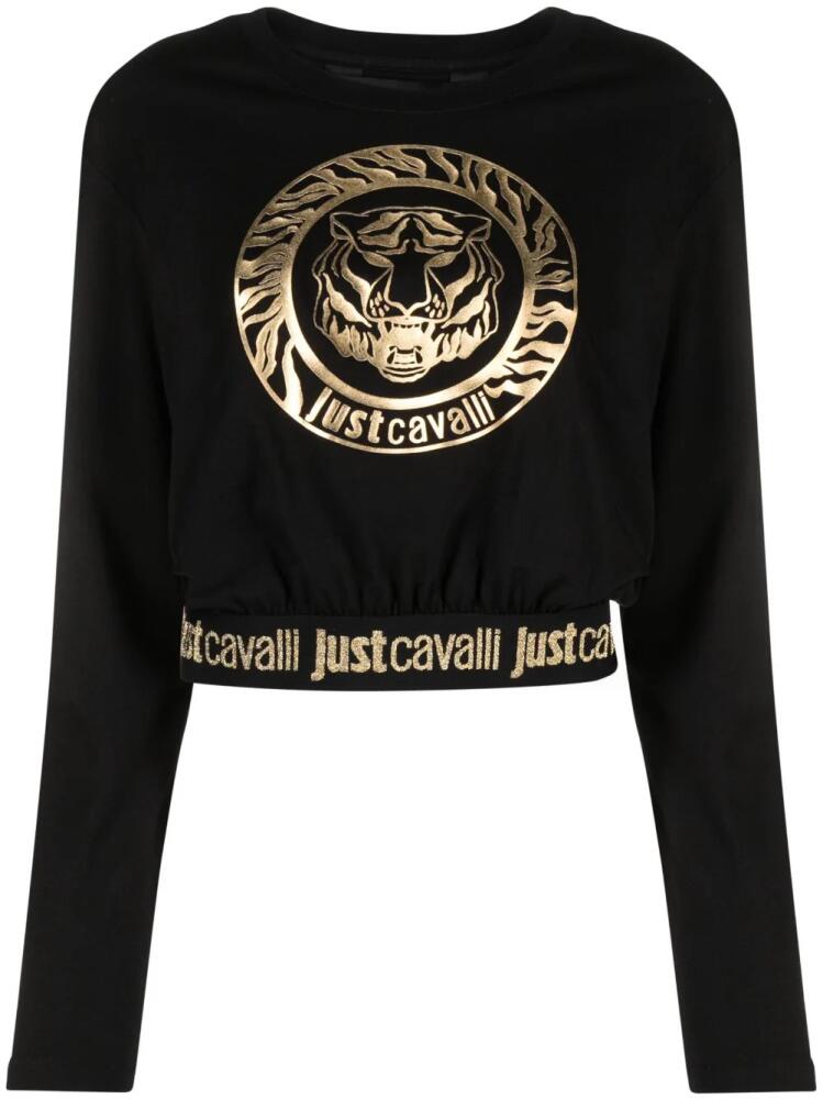 Just Cavalli logo-print cotton crop top - Black Cover