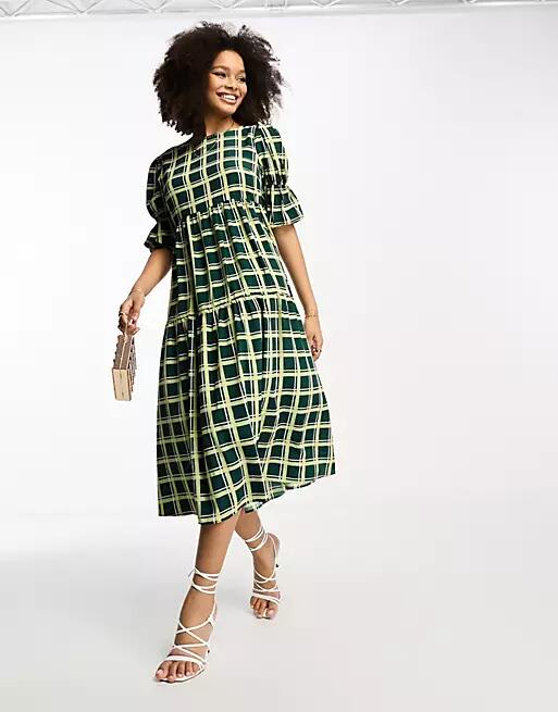 Glamorous tiered puff sleeve tie back midi dress in green check Cover