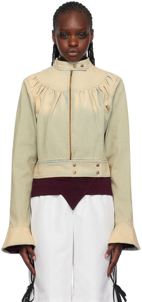 FIDAN NOVRUZOVA Beige & Green Gathered Denim Jacket Cover