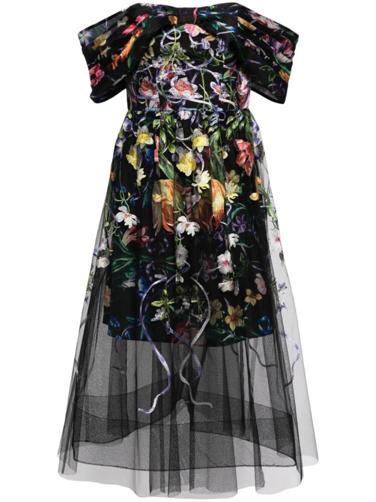 Marchesa Notte Ribbons floral-embroidered midi dress - Black Cover