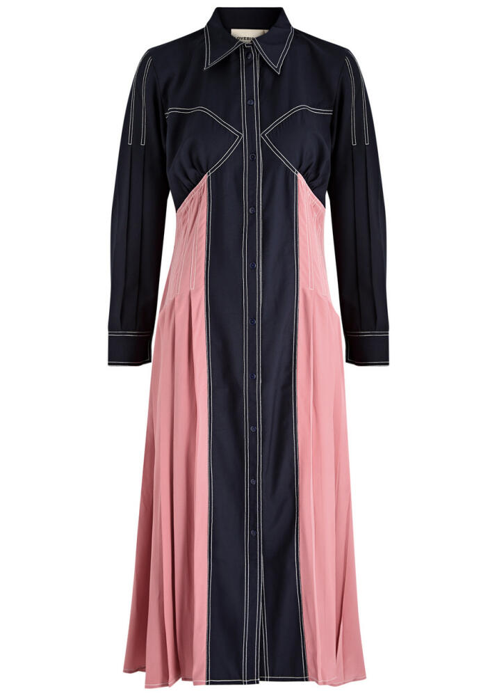 Lovebirds Colour-blocked Silk and Twill Midi Shirt Dress - Navy Cover