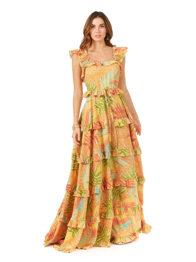 LARA New York Ruffle Printed Gown with Straps in Yellowprint Cover