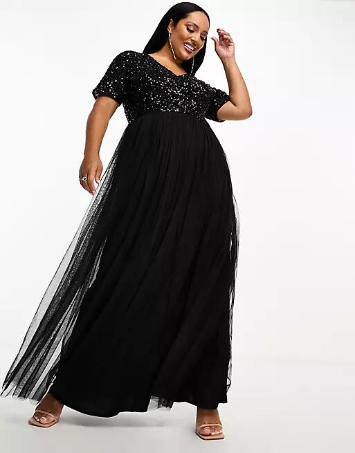 Maya Plus Bridesmaid short sleeve maxi tulle dress with tonal delicate sequins in black-Red Cover