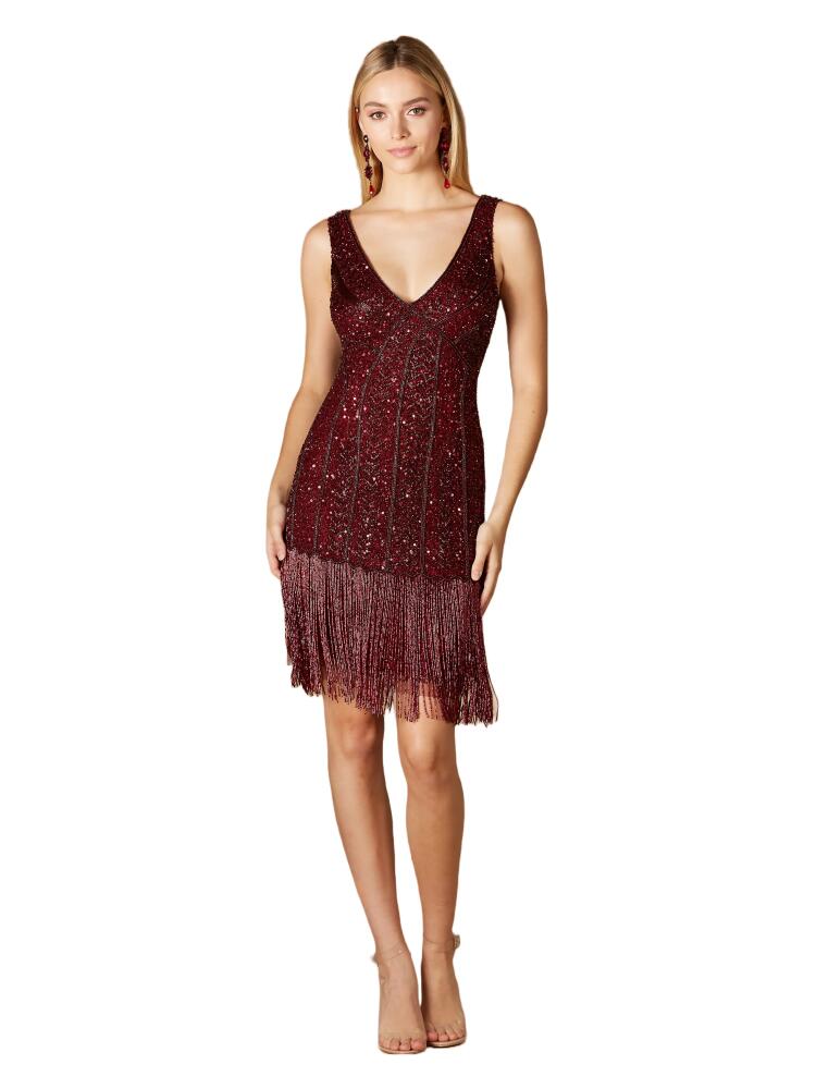 LARA New York Beaded Fringe Cocktail Dress in Wine Cover