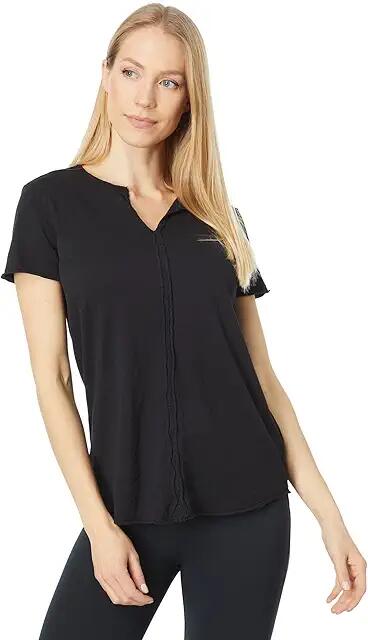 Mod-o-doc Lightweight Slub Jersey Short Sleeve Split-Neck Slim Tee (Black) Women's Clothing Cover