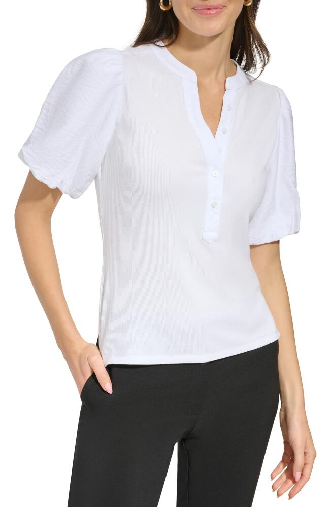 DKNY Puff Sleeve Mixed Media Henley Top in White Cover