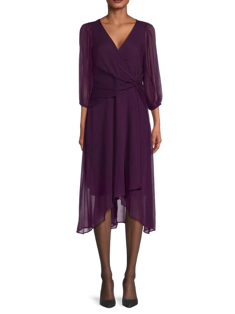 DKNY Women's Surplice Knotted Asymmetrical Midi Dress - Wine Cover