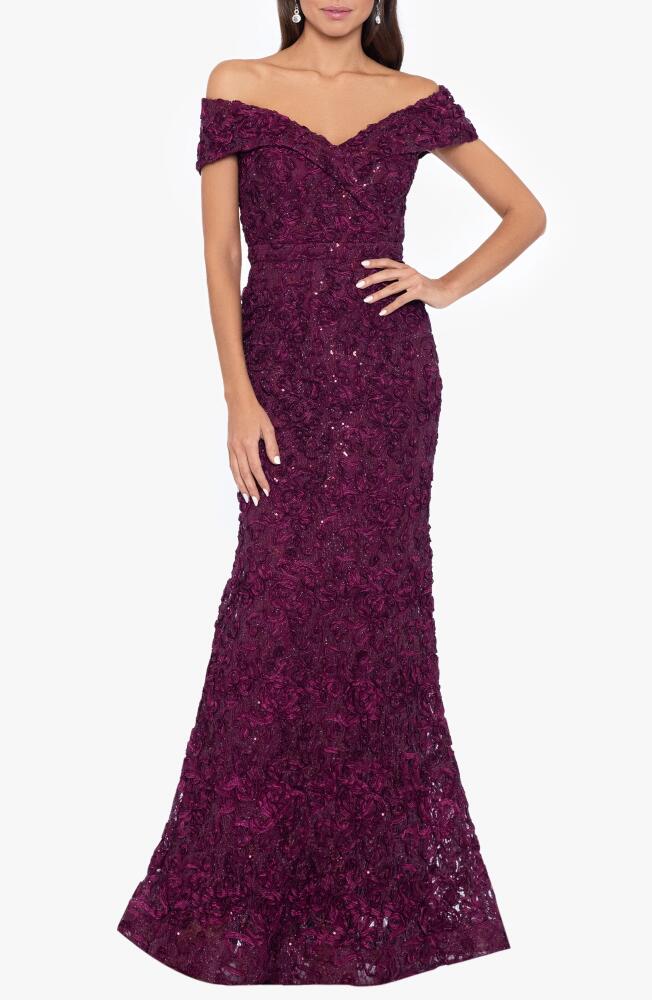 Xscape Evenings Off the Shoulder Embroidered Gown in Wine Cover