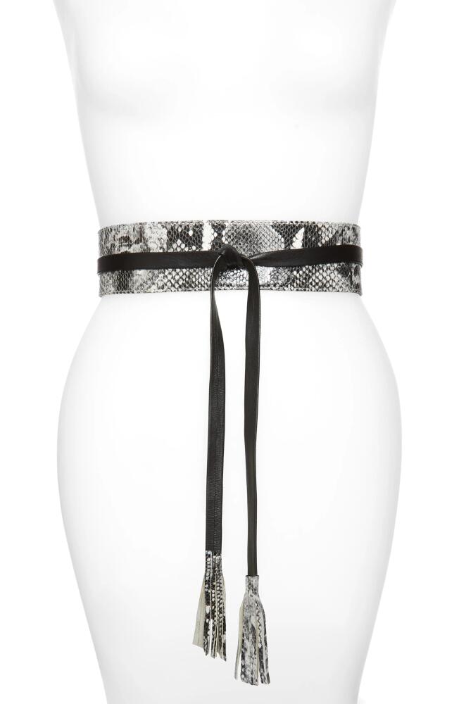 Raina Bronco Snake Embossed Leather Wrap Belt in Black And Gray Cover