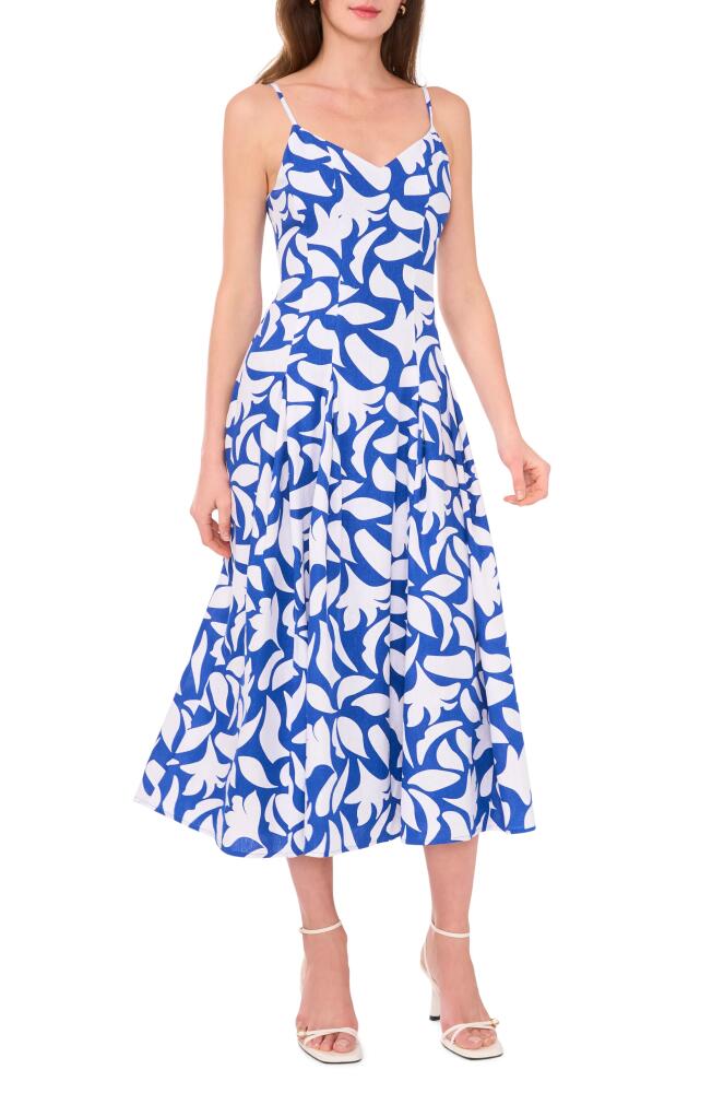 halogen(r) Floral Godet Pleat Linen Blend Midi Dress in Classic Blue Cover