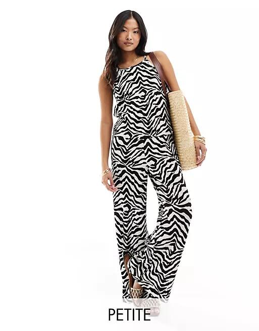 JDY Petite pull on wide leg plisse pants in black & white zebra print - part of a set-Multi Cover