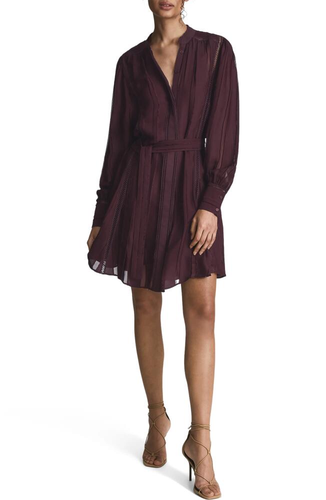 Reiss Harriet Belted Long Sleeve Chiffon Jacquard Minidress in Burgundy Cover