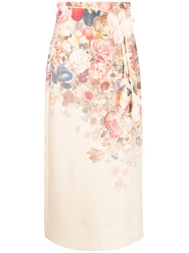 ZIMMERMANN floral-print linen midi skirt - Pink Cover