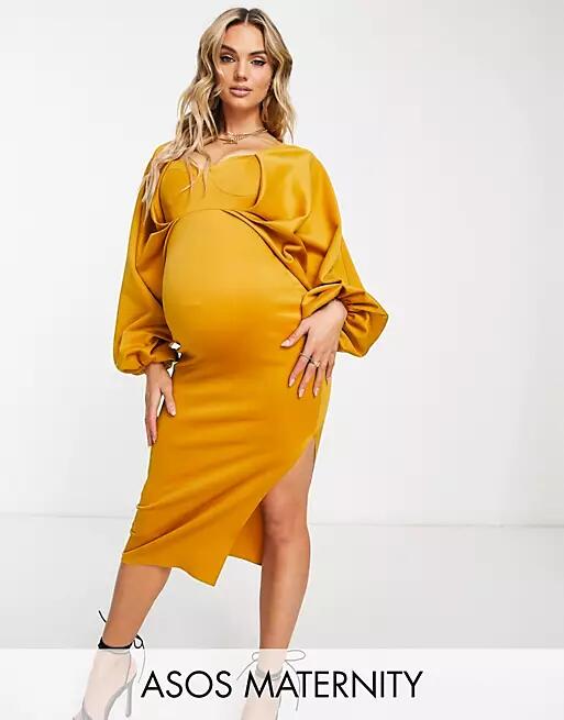 ASOS DESIGN Maternity batwing sweetheart neck bodycon midi dress in mustard-Yellow Cover