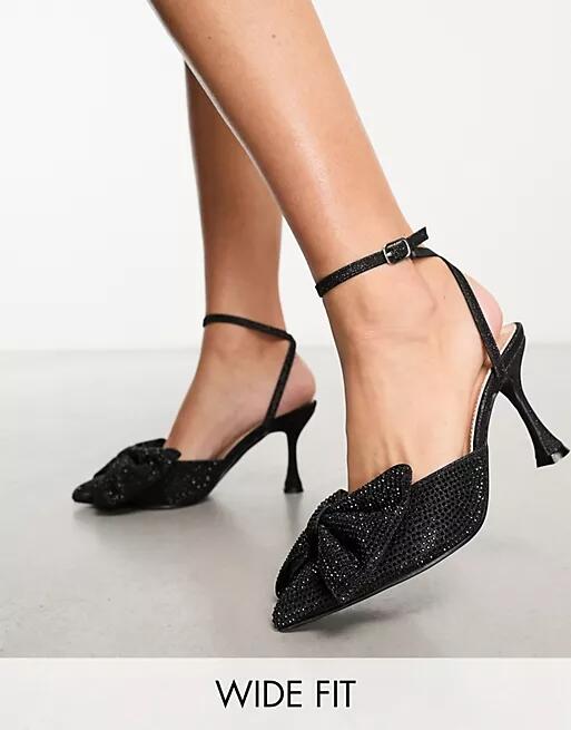 Glamorous Wide Fit embellished bow heeled sandals in black Cover