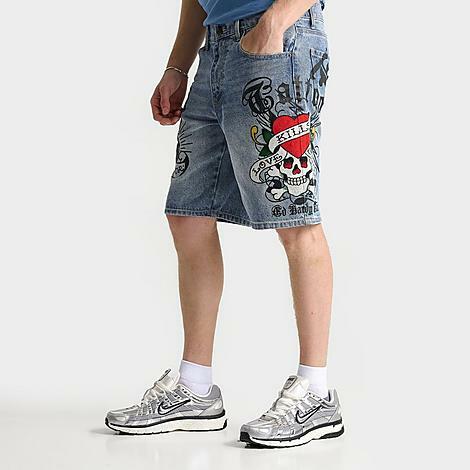 Ed Hardy Men's Skull Skater Denim Shorts in Blue/Light Wash Cover