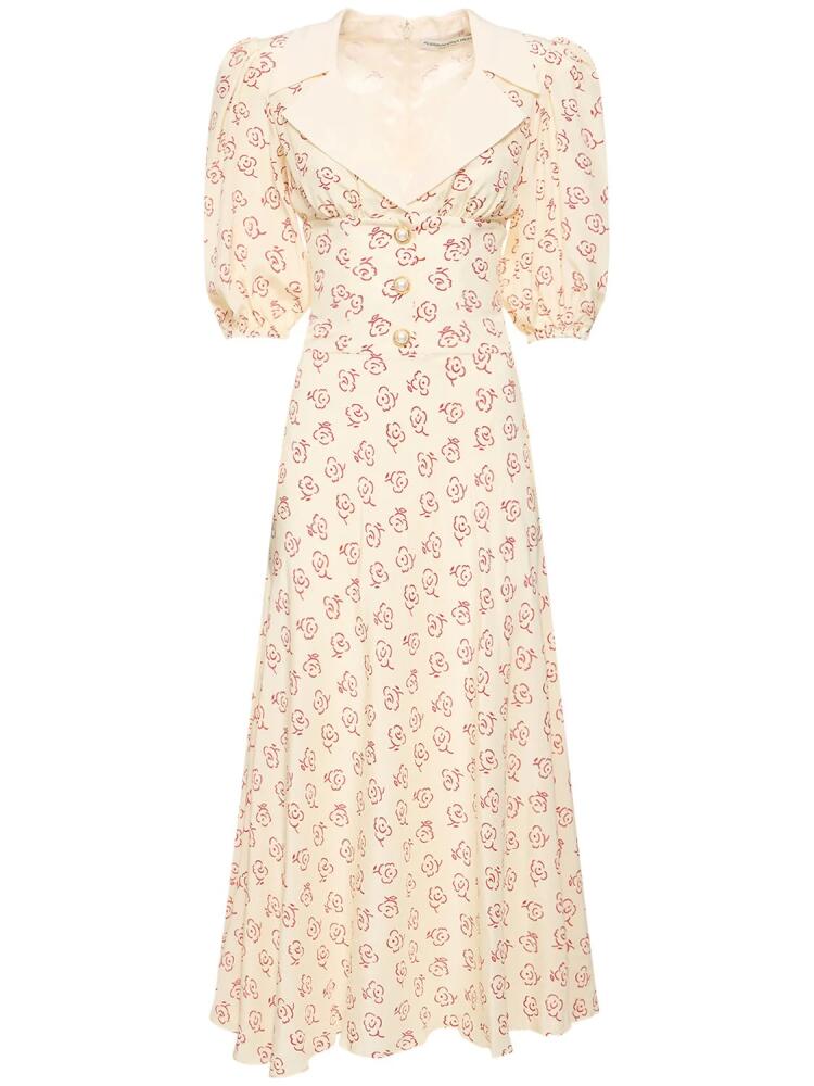 ALESSANDRA RICH Printed Silk Twill Puffsleeve Midi Dress Cover