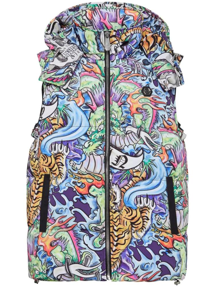 Philipp Plein tattoo-print hooded puffer gilet - Blue Cover