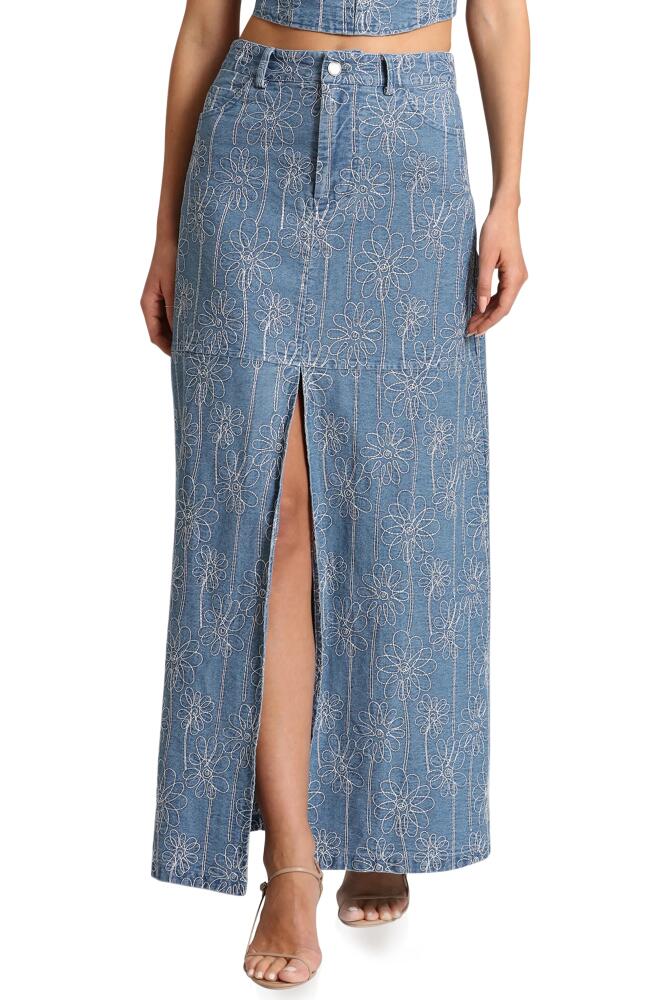 Avec Les Filles Floral Embroidered Slit Denim Maxi Skirt in Duoro Wash Cover