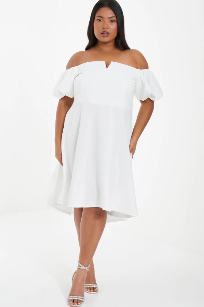 QUIZ Puff Sleeve Bardot Dress in White Cover