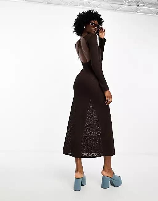 Motel pointelle boho maxi dress in coffee brown Cover