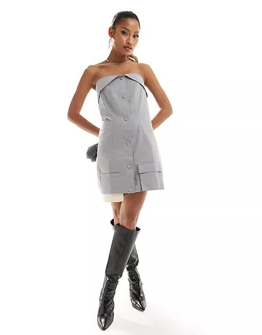 Simmi bandeau button through utility exposed pocket detail mini dress in gray Cover