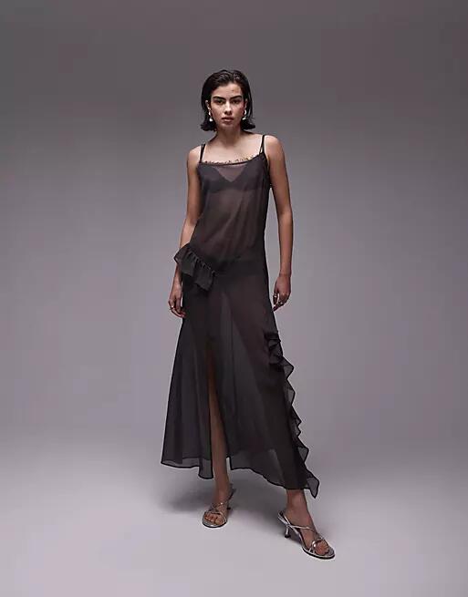 Topshop maxi sheer dress with frills in charcoal gray Cover