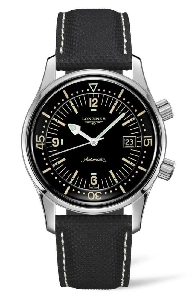 Longines Legend Diver Automatic Leather Strap Watch, 42mm in Black/Silver Cover