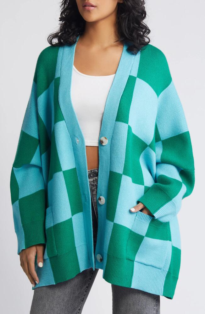 Dressed in Lala Love You Oversize Checkerboard Cardigan in Emerald/Sky Cover