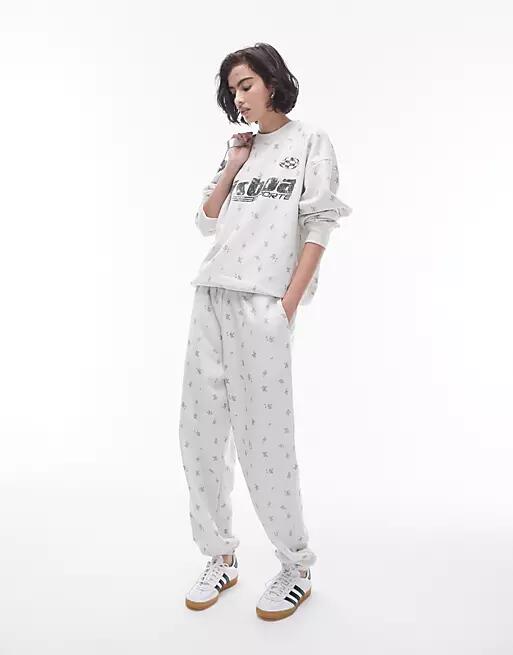 Topshop lisboa floral print cuffed sweatpants in ecru - part of a set-White Cover