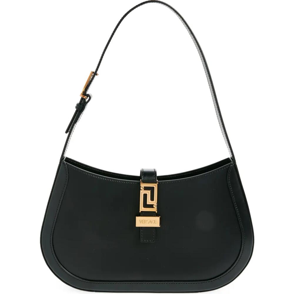 Versace Large Greca Leather Hobo Bag in Black-Versace Gold Cover