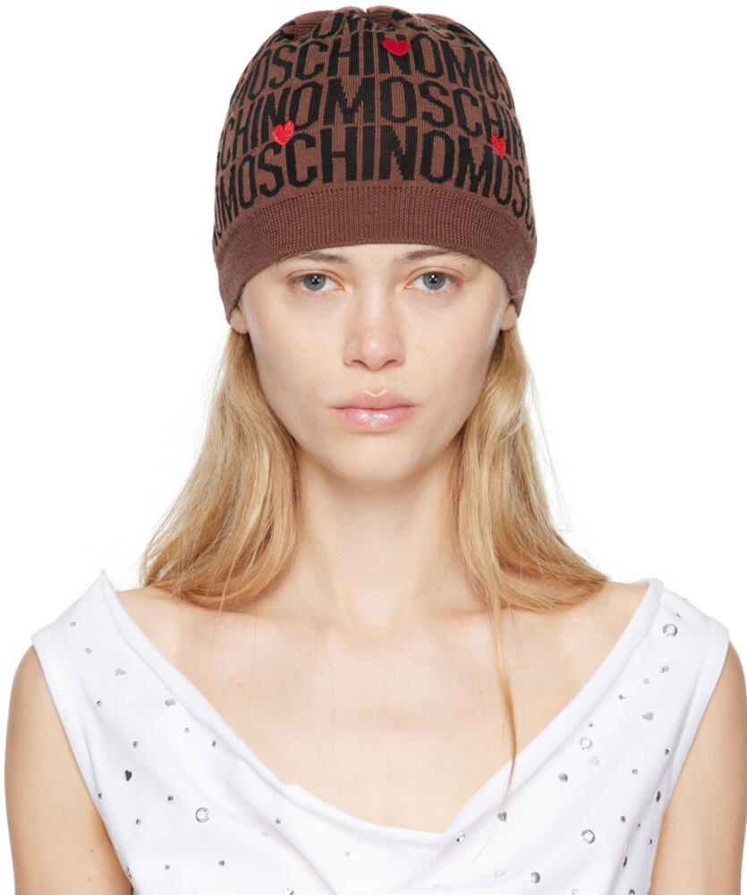 Moschino Brown Hearts Embroidery Jacquard Beanie Cover