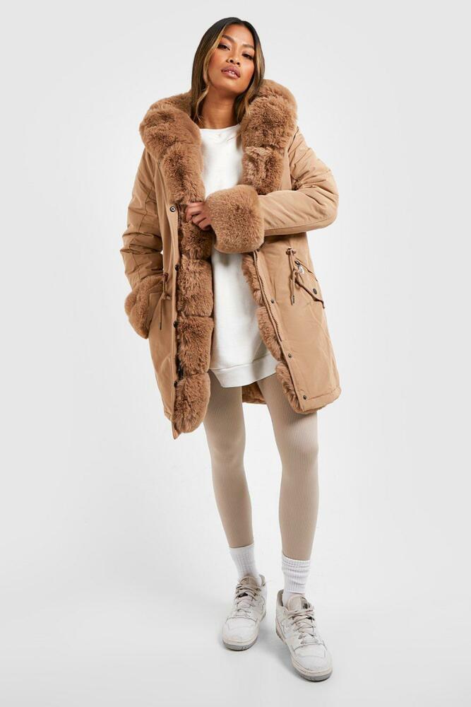 boohoo Womens Luxe Faux Fur Trim Collar And Cuff Parka - Beige Cover