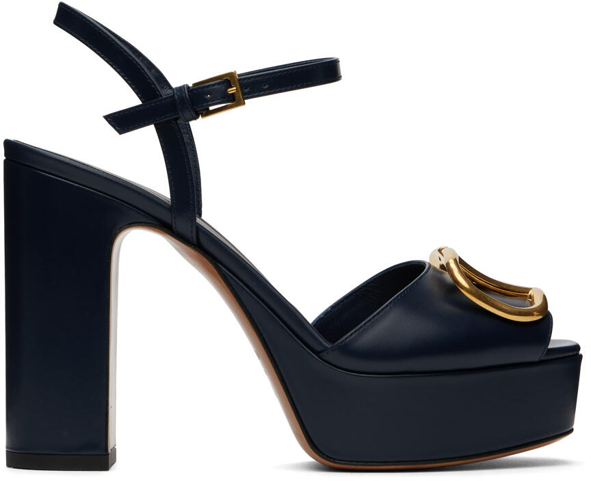 Valentino Garavani Navy VLogo Platform Heeled Sandals Cover