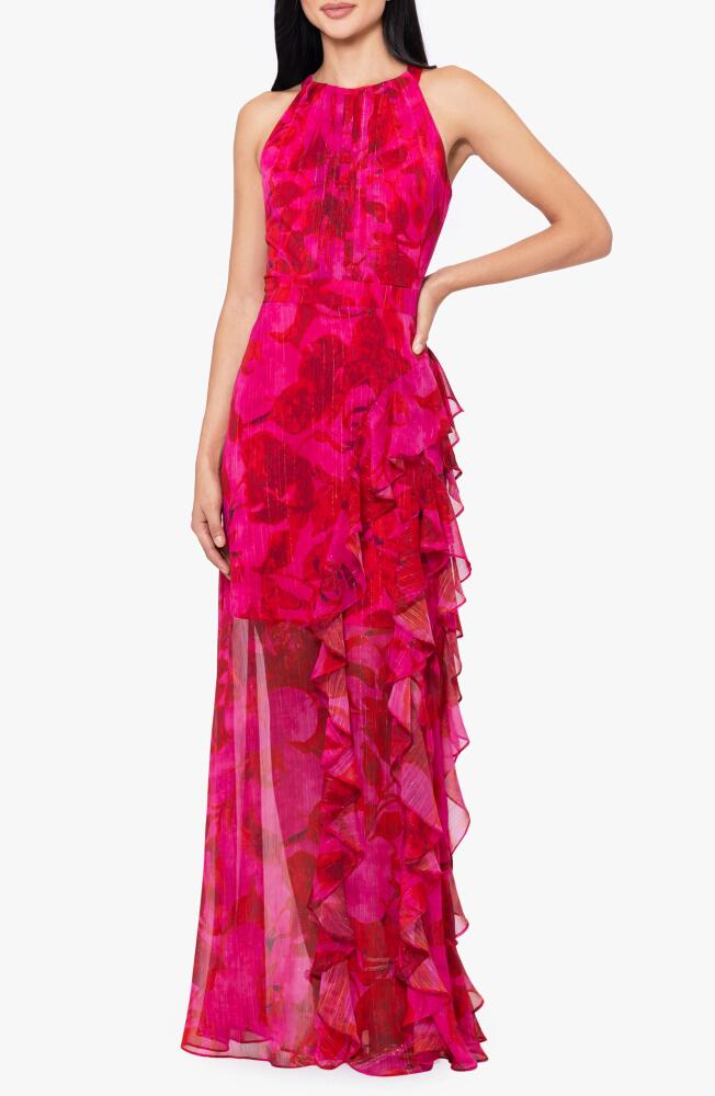 Betsy & Adam Metallic Stripe Floral Ruffle Chiffon Gown in Fuchsia/Poppy Cover