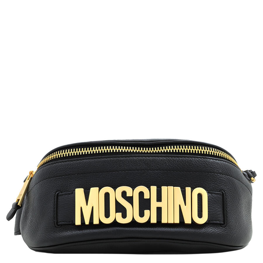 Moschino Black Leather Logo Leather Belt Bag Cover