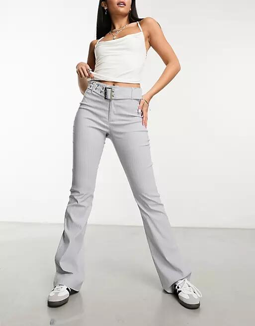 Daisy Street high rise Y2K buckle detail pants in light gray pinstripe bengaline Cover