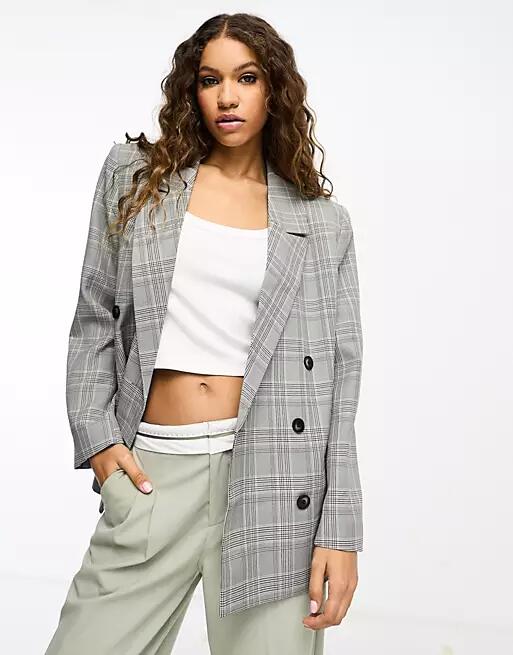 ASOS DESIGN exaggerated shoulder boxy blazer in mono plaid-Multi Cover