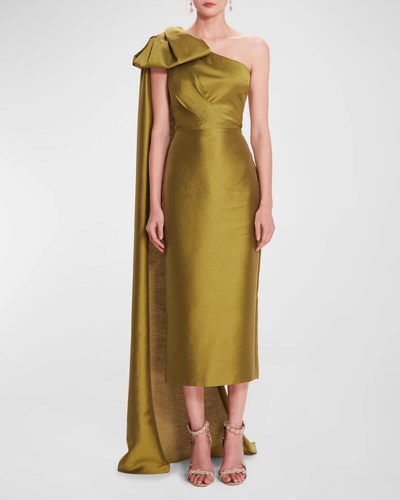 Marchesa Notte One-Shoulder Draped Column Midi Dress Cover