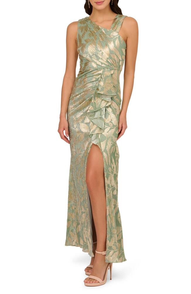 Adrianna Papell Foil Asymmetric Neck Gown in Sage/Gold Cover