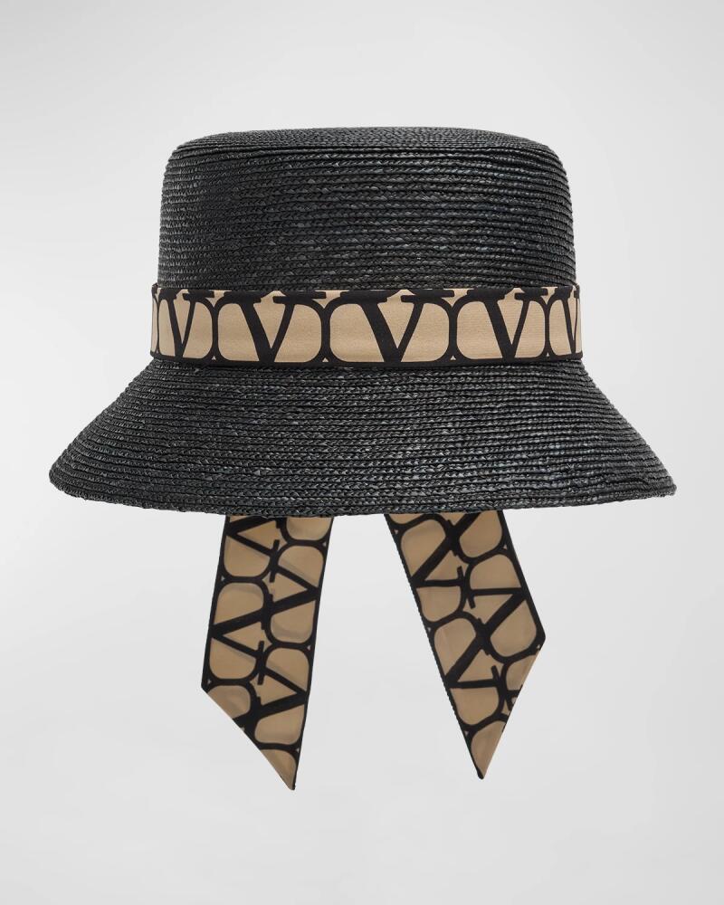 Valentino Garavani Toile Iconographe Straw Bucket Hat With V-Logo Scarf Cover