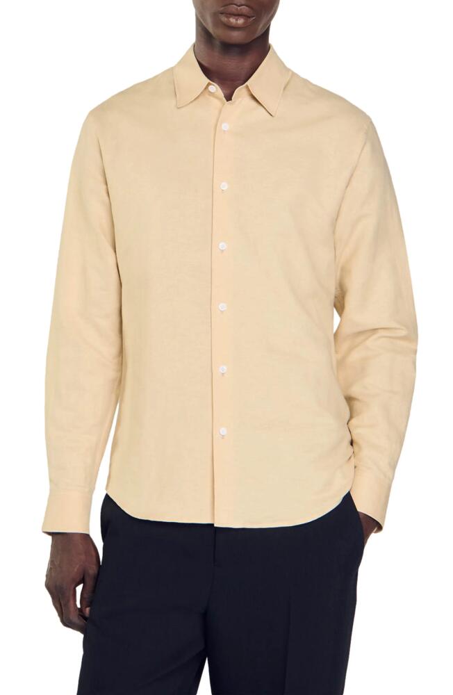 sandro Linen Button-Up Shirt in Beige Cover