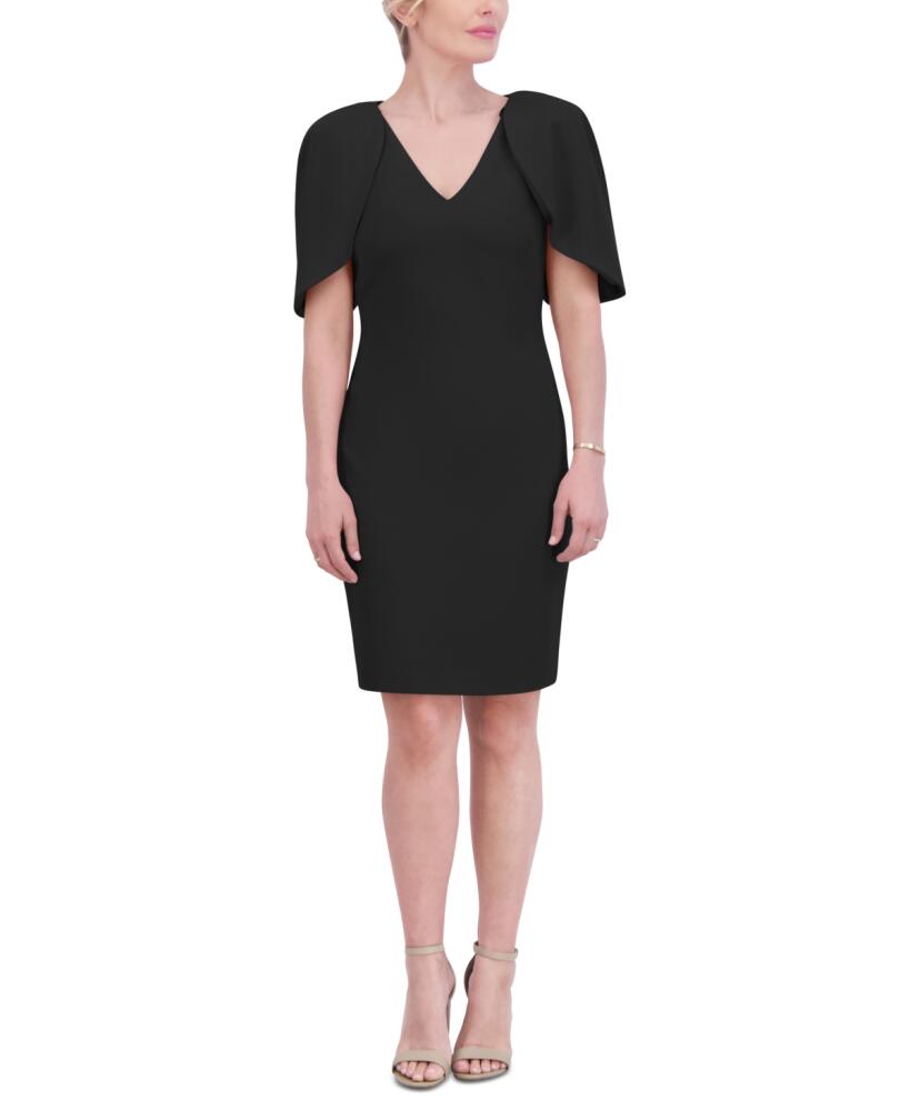 Jessica Howard Petite Draped-Sleeve V-Neck Sheath Dress - Black Cover