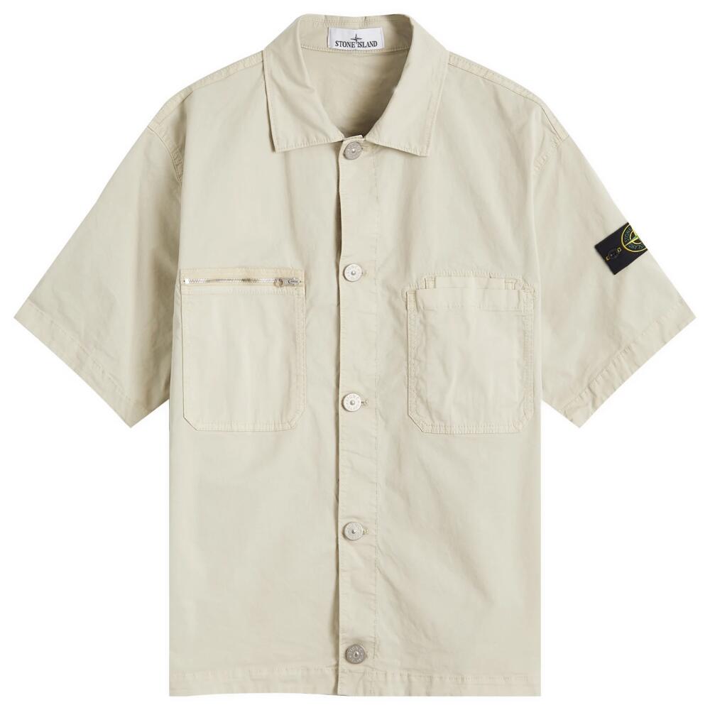 Stone Island Men's Stretch-TC Garment Dyed Short Sleeve Overshirt in Plaster Cover