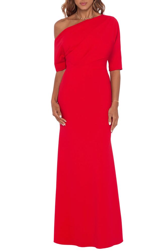 Betsy & Adam One-Shoulder Crepe Scuba Trumpet Gown in Red Cover