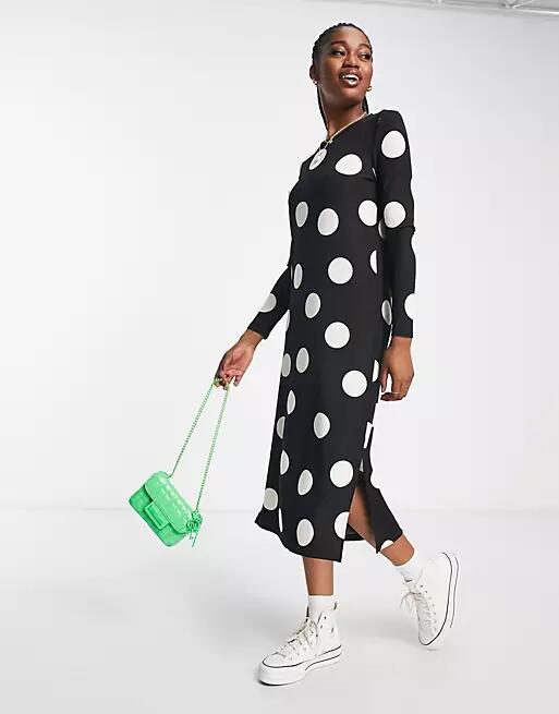 JDY maxi side split dress in black spot print Cover