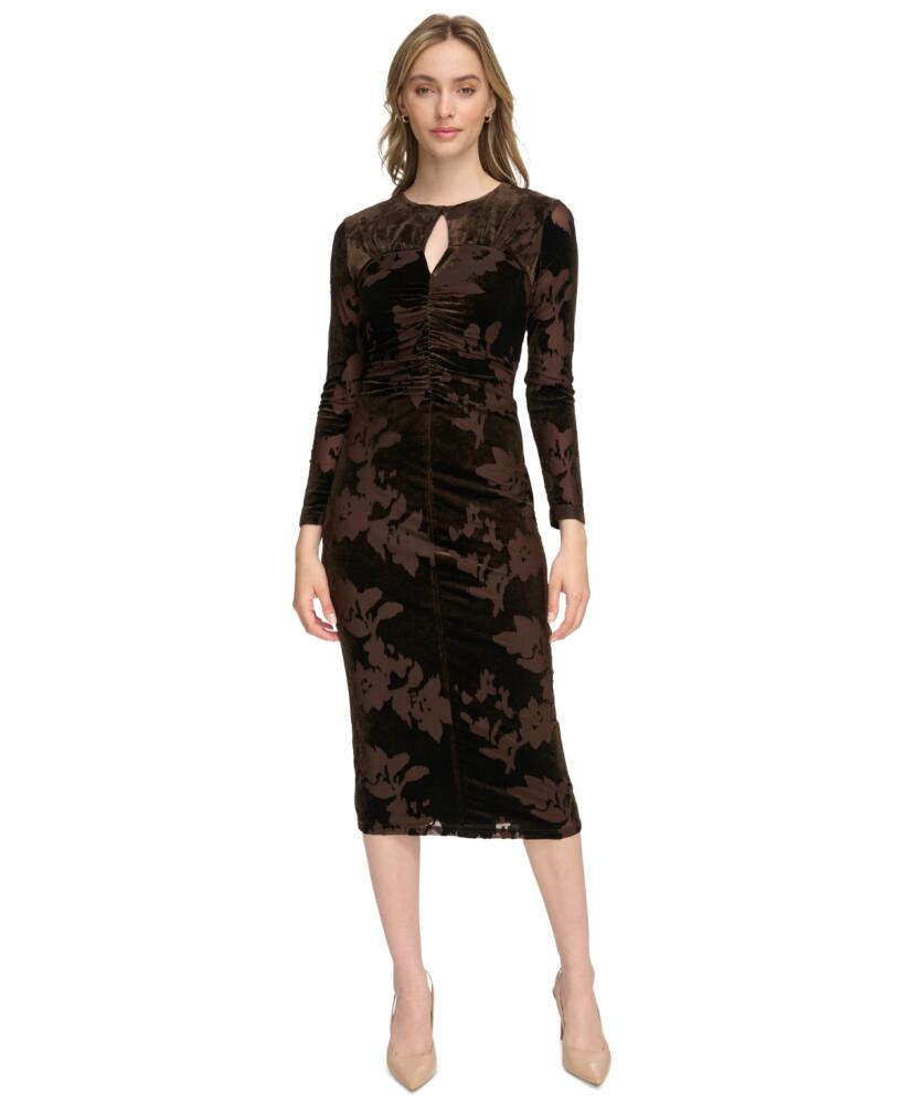 Calvin Klein Women's Velvet Burnout Keyhole Ruched Dress - Coffee Bean Cover